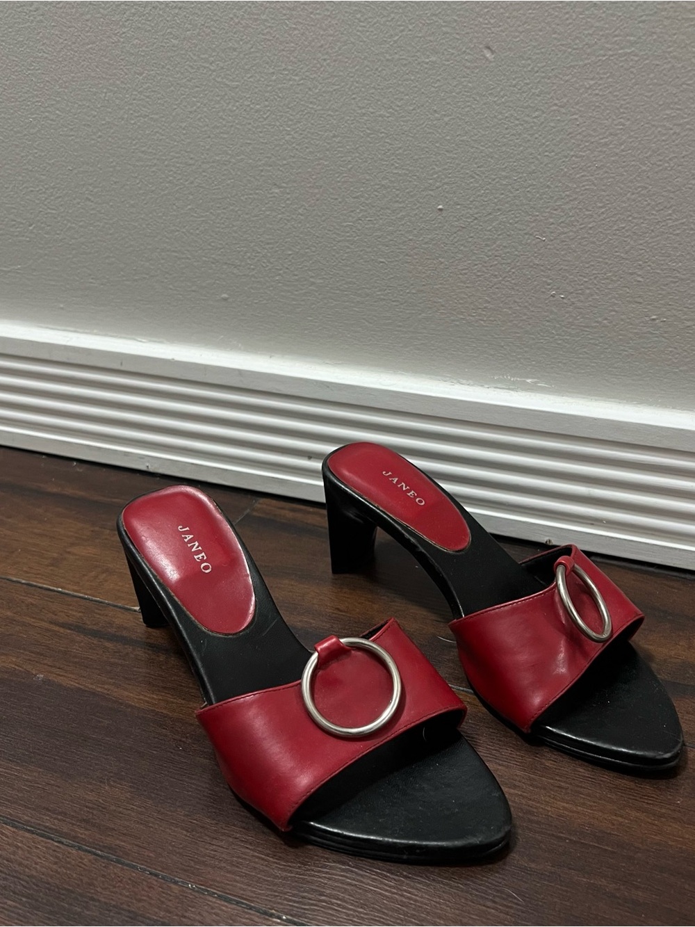 Red Leather Ring-Accent Slide Heels for Women